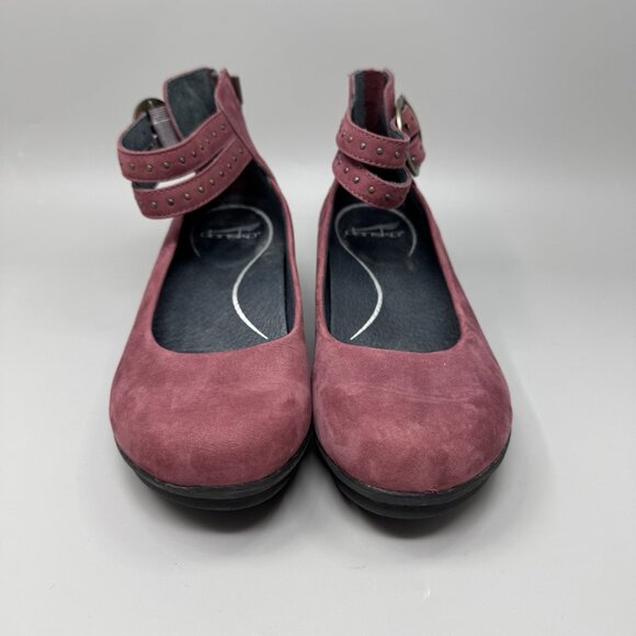 Dansko Lois Burgundy Nubuck Studded Buckle Ankle Strap Wedges Size 8.5 - Picture 5 of 9